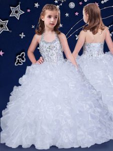 White Organza Lace Up Halter Top Sleeveless Floor Length Little Girls Pageant Dress Wholesale Beading and Ruffles