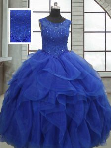 Super Royal Blue Lace Up Quince Ball Gowns Ruffles and Sequins Sleeveless Floor Length