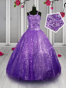 Sequins Girls Pageant Dresses Lavender Lace Up Sleeveless Floor Length