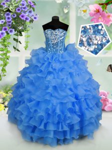 Excellent Sequins Ruffled Floor Length Ball Gowns Sleeveless Light Blue Little Girl Pageant Gowns Lace Up