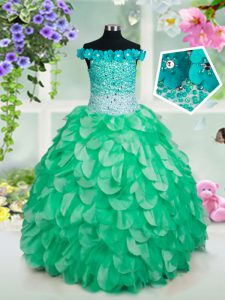 Beauteous Off the Shoulder Green Sleeveless Organza Lace Up Child Pageant Dress for Party and Wedding Party