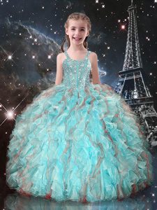 Amazing Aqua Blue Ball Gowns Straps Sleeveless Organza Floor Length Lace Up Beading and Ruffles Pageant Gowns For Girls