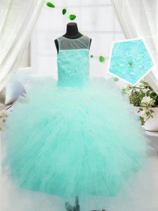 Tulle Scoop Sleeveless Zipper Beading and Appliques Little Girls Pageant Dress in Aqua Blue