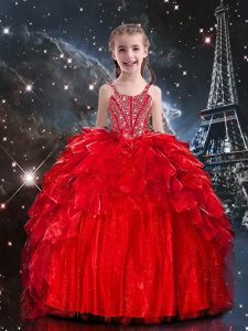 Red Sleeveless Floor Length Beading and Ruffles Lace Up Little Girls Pageant Dress