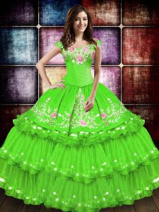 Sleeveless Floor Length Embroidery and Ruffled Layers Lace Up Quinceanera Dresses with