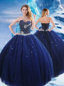 Navy Blue Sleeveless Tulle Lace Up Sweet 16 Dresses for Military Ball and Sweet 16 and Quinceanera