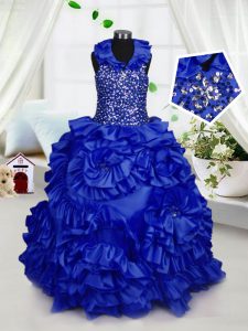 Taffeta Halter Top Sleeveless Zipper Beading and Ruffles Pageant Gowns For Girls in Royal Blue