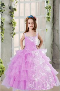 Sleeveless Floor Length Lace and Ruffled Layers Lace Up Girls Pageant Dresses with Lavender
