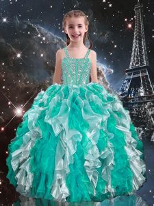 Turquoise Ball Gowns Straps Sleeveless Organza Floor Length Lace Up Beading and Ruffles Kids Pageant Dress