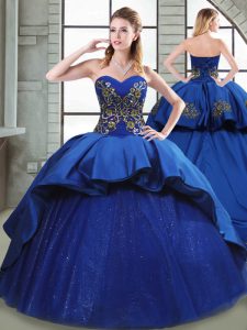 Blue Ball Gowns Beading and Appliques and Embroidery Quinceanera Gowns Lace Up Taffeta Sleeveless