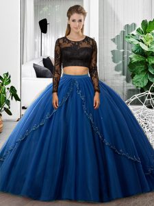 On Sale Blue Scoop Backless Lace and Ruching Quince Ball Gowns Long Sleeves