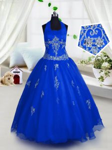 Halter Top Sleeveless Lace Up Floor Length Appliques Kids Pageant Dress