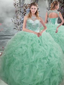 New Style Apple Green Lace Up Scoop Beading and Ruffles Sweet 16 Dress Organza Sleeveless