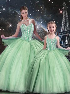 Wonderful Sleeveless Floor Length Beading Lace Up Sweet 16 Dresses with Apple Green