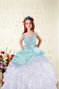Exquisite Floor Length Aqua Blue Kids Formal Wear Organza Sleeveless Beading and Ruffled Layers and Hand Made Flower