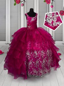 Fuchsia Sleeveless Floor Length Appliques and Ruffled Layers Lace Up Girls Pageant Dresses