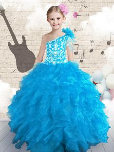 Graceful One Shoulder Sleeveless Organza Floor Length Lace Up Kids Formal Wear in Baby Blue with Embroidery and Ruffles and Hand Made Flower