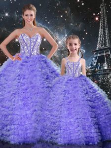 Lavender Ball Gowns Tulle Sweetheart Sleeveless Beading and Ruffles Floor Length Lace Up Quince Ball Gowns