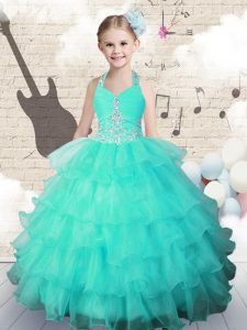 On Sale Ruffled Halter Top Sleeveless Lace Up Child Pageant Dress Turquoise Organza