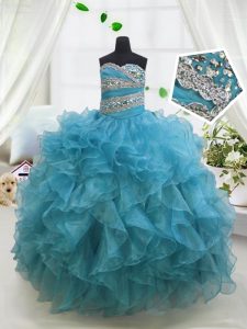 Nice Sweetheart Sleeveless Lace Up Little Girls Pageant Dress Wholesale Blue Organza