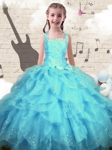 Top Selling Halter Top Sleeveless Floor Length Beading and Ruffles Lace Up Child Pageant Dress with Aqua Blue