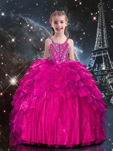 Hot Pink Ball Gowns Spaghetti Straps Sleeveless Organza Floor Length Lace Up Beading and Ruffles Child Pageant Dress
