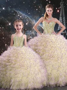 Pretty Sweetheart Sleeveless Lace Up Quince Ball Gowns Light Yellow Organza