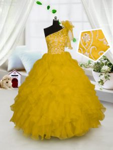 Excellent Gold Organza Side Zipper One Shoulder Sleeveless Floor Length Little Girl Pageant Dress Embroidery and Ruffles
