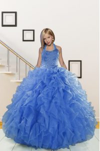Halter Top Blue Ball Gowns Beading and Ruffles Child Pageant Dress Lace Up Organza Sleeveless Floor Length