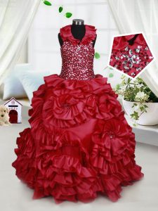Beauteous Halter Top Sleeveless Beading and Ruffles and Sequins Zipper Little Girl Pageant Gowns