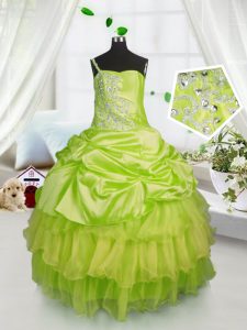 High Class One Shoulder Floor Length Yellow Green Little Girls Pageant Gowns Satin and Tulle Sleeveless Beading and Ruffled Layers and Pick Ups