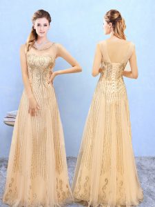 Most Popular Scoop Sleeveless Court Dresses for Sweet 16 Floor Length Beading and Appliques Gold Organza