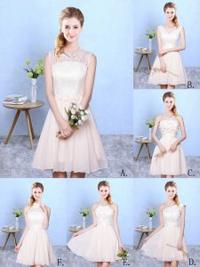 Knee Length Champagne Quinceanera Court of Honor Dress Chiffon Sleeveless Lace