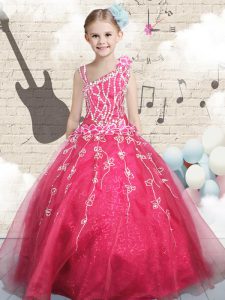 Red Lace Up Pageant Gowns For Girls Appliques Sleeveless Floor Length