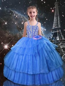 Floor Length Lace Up Kids Pageant Dress Light Blue for Quinceanera and Wedding Party with Beading and Ruffled Layers