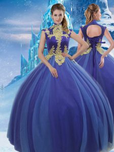 Royal Blue Ball Gowns Appliques 15th Birthday Dress Lace Up Tulle Sleeveless Floor Length