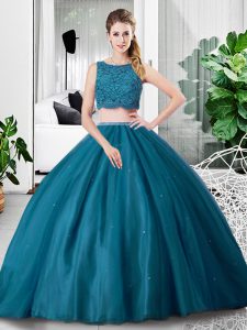 Extravagant Teal Sleeveless Tulle Zipper 15th Birthday Dress for Military Ball and Sweet 16 and Quinceanera