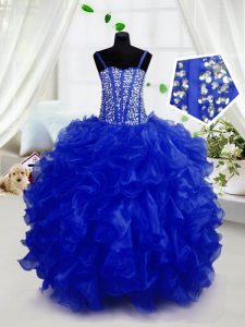 Unique Royal Blue Child Pageant Dress Party and Wedding Party with Beading and Ruffles Spaghetti Straps Sleeveless Lace Up