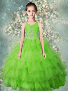 Apple Green Ball Gowns Organza Halter Top Sleeveless Beading and Ruffled Layers Floor Length Zipper Pageant Gowns For Girls