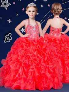 Halter Top Sleeveless Little Girl Pageant Dress Floor Length Beading and Ruffles Coral Red Organza