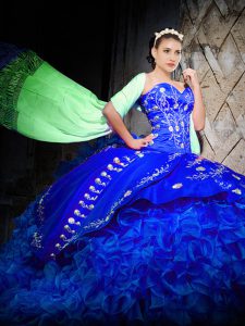 Discount Royal Blue Lace Up Vestidos de Quinceanera Embroidery and Ruffles Sleeveless Brush Train