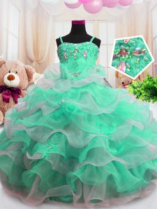 Dazzling Organza Sleeveless Floor Length Kids Formal Wear and Beading and Ruffled Layers