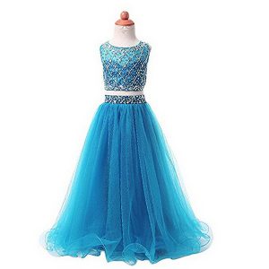Popular Scoop Aqua Blue Sleeveless Organza Zipper Girls Pageant Dresses for Party and Wedding Party