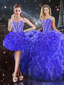 Dazzling Blue Ball Gowns Sweetheart Sleeveless Organza Floor Length Lace Up Beading and Ruffles Quince Ball Gowns