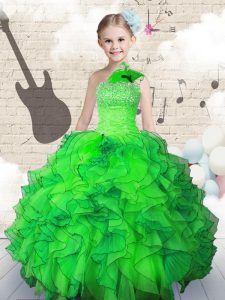 Stylish Strapless Sleeveless Organza Pageant Gowns For Girls Beading and Ruffles Lace Up