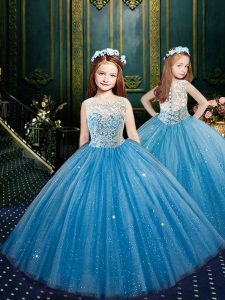 Scoop Clasp Handle Floor Length Blue Kids Formal Wear Tulle Sleeveless Appliques