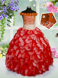 Red Off The Shoulder Neckline Beading and Hand Made Flower Kids Formal Wear Sleeveless Lace Up