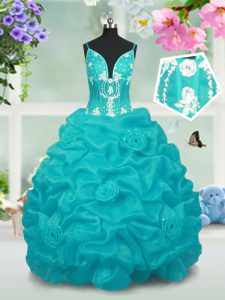 Floor Length Lace Up Little Girls Pageant Dress Wholesale Baby Blue for Party and Wedding Party with Beading and Pick Ups