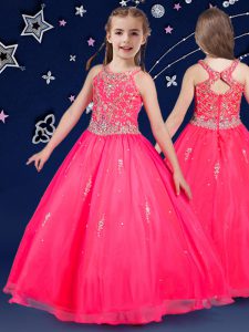 Cheap Scoop Hot Pink Sleeveless Floor Length Beading Zipper Little Girl Pageant Dress