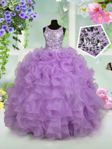 Custom Design Scoop Lavender Ball Gowns Ruffles and Sequins Kids Pageant Dress Zipper Organza Sleeveless Floor Length